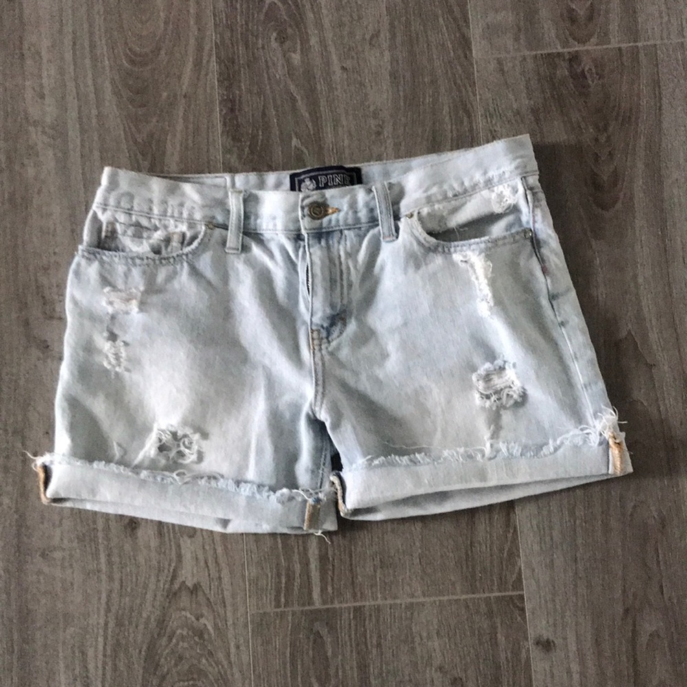 PINK  VS Womens Light Wash Destroyed Jean Shorts | 2